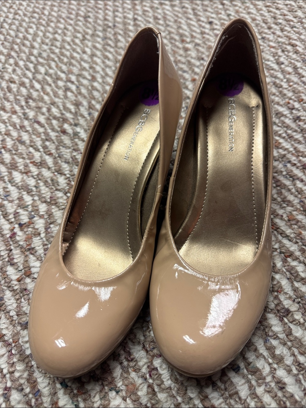 BCBGeneration Nude Patent Round Toe Heels